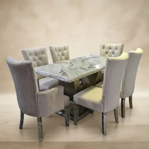 Juego de Comedor Moderno de 6 Asientos con Mesón PVC Marmoleado y Estructura de Madera de Laurel color beige