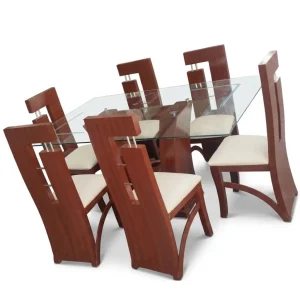 Juego de Mesas de Comedor 6 Sillas Color Café con Tablero de Vidrio Templado Biselado y Base Sculptural en V