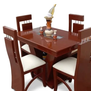 Juego de Comedor 4 Sillas Color Café con Centro de Vidrio y Sillas con Acentos Metálicos