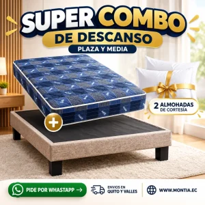 Combo Base de Cama Tapizada + Colchón Zafiro 29 cm + 2 Almohadas Aurora – Plaza y Media