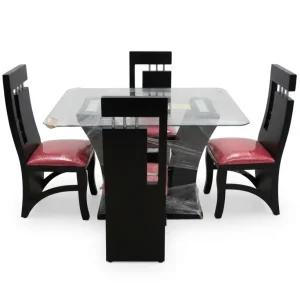 Comedor de 4 Sillas Moderno con Base de Madera Laurel y Vidrio Templado Negro Mate