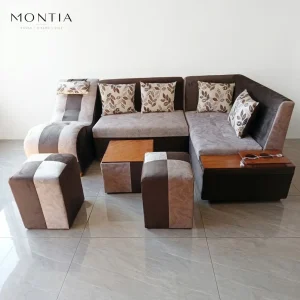 Mini Juego de Sala 5 Asientos Combinado Café con Beige, Centro de Madera y 2 Pufs