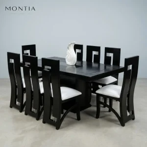 Juego de Comedor de 8 asientos Color negro Mate con Centro de Vidrio Templado