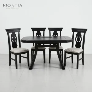 Comedor Tradicional 4 Asientos Negro Mate con Esquinas Biseladas y Centro Decorativo
