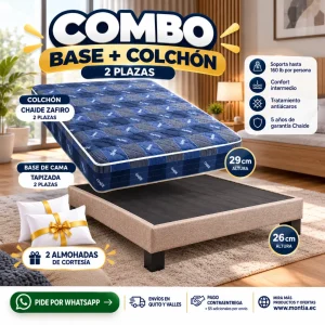 Combo Base de Cama Tapizada + Colchón Zafiro 29 cm + 2 Almohadas Aurora – 2 Plazas